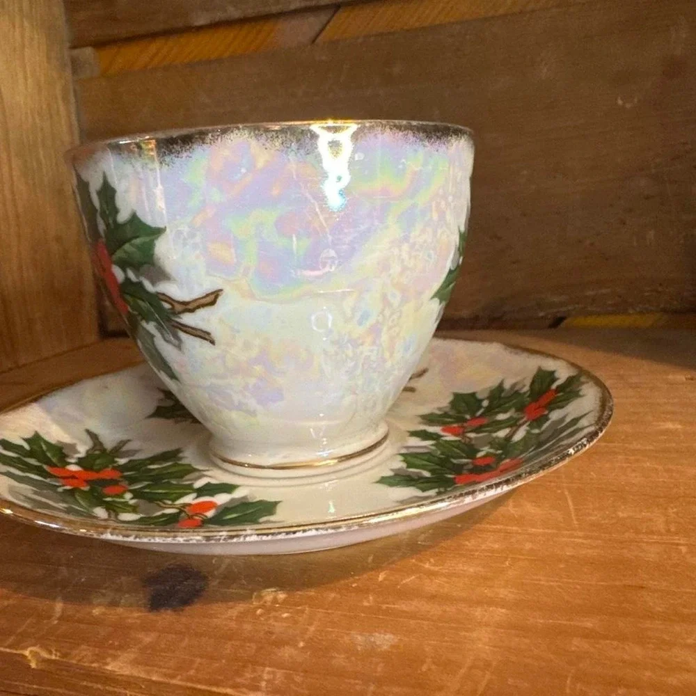 Vintage Iridescent Holly & Berry Tea Cup and Saucer